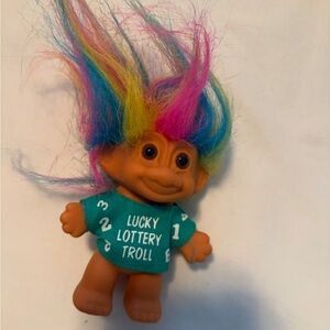 Vintage 1990s Lucky Lottery Troll Doll – Rainbow Hair – Original Shirt – 5”